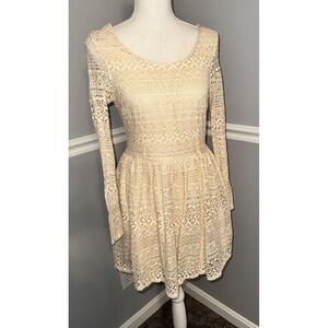 Altar'd State Dress Size M Cream‎ Lace Fit and Flare Long Sleeve Boho Lined